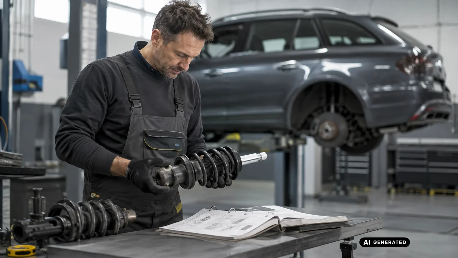 KI-generiertes Symbolbild, redaktionell geprüft: Ein Mechaniker legt ein gebrauchtes Federbein neben einen aufgeschlagenen Ordner auf die Werkbank