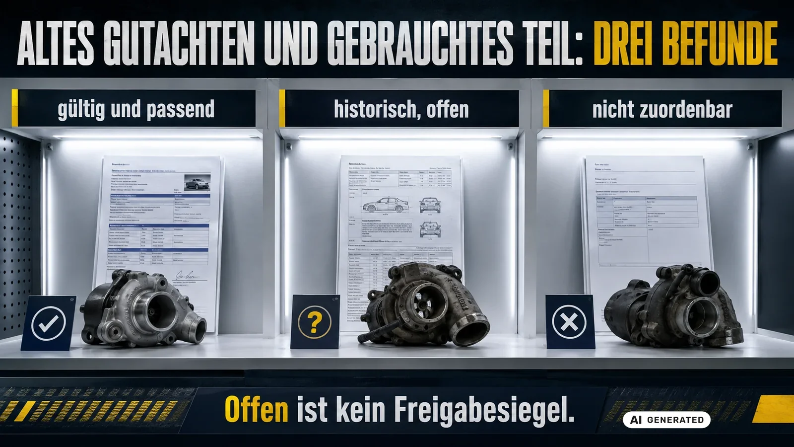 Drei Vitrinenfächer für Gebrauchtteile: gültig und passend, historisch und offen sowie nicht zuordenbar. — KI-generierte Szene, redaktionell geprüft