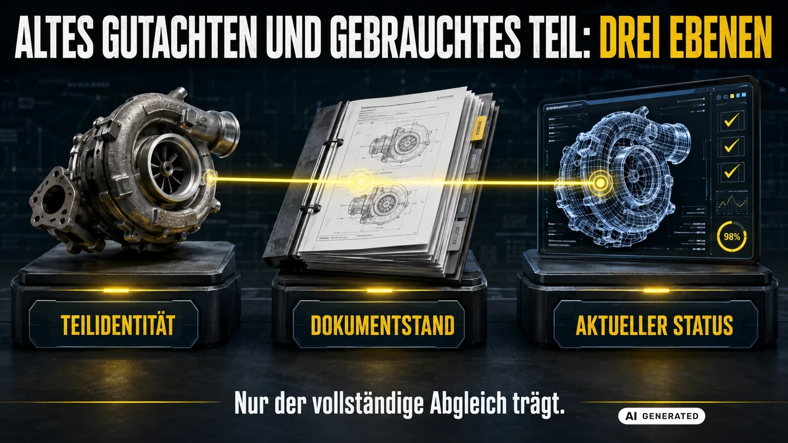 Altes Gutachten und gebrauchtes Teil in drei Ebenen: Teilidentität, Dokumentstand und aktueller Status. — KI-generierte Szene, redaktionell geprüft