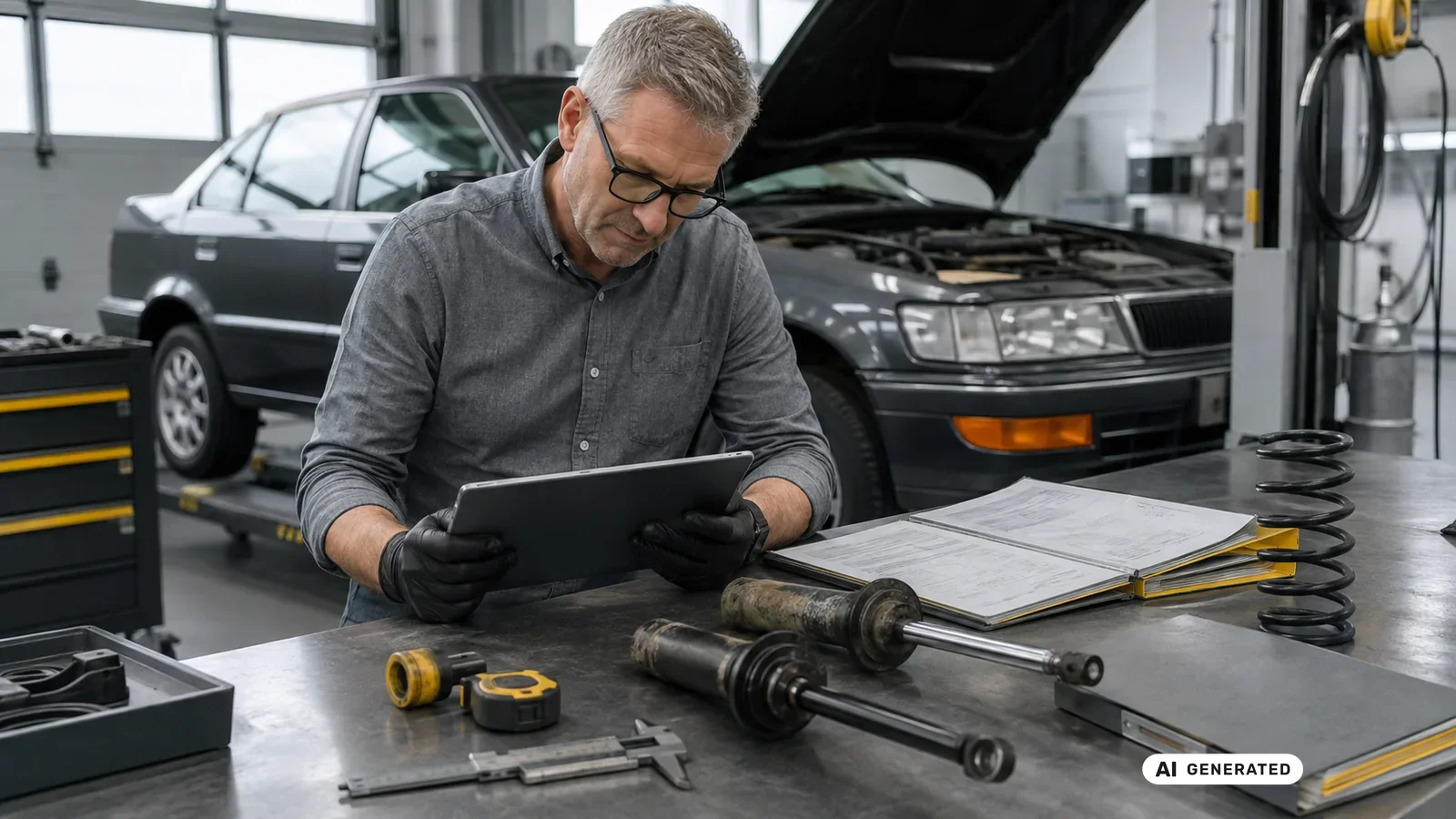 KI-generiertes Symbolbild, redaktionell geprüft: Ein Prüfer mit Brille vergleicht am Tablet mehrere Federbeine und Fahrwerksfedern auf einer Werkbank — KI-generierte Szene, redaktionell geprüft