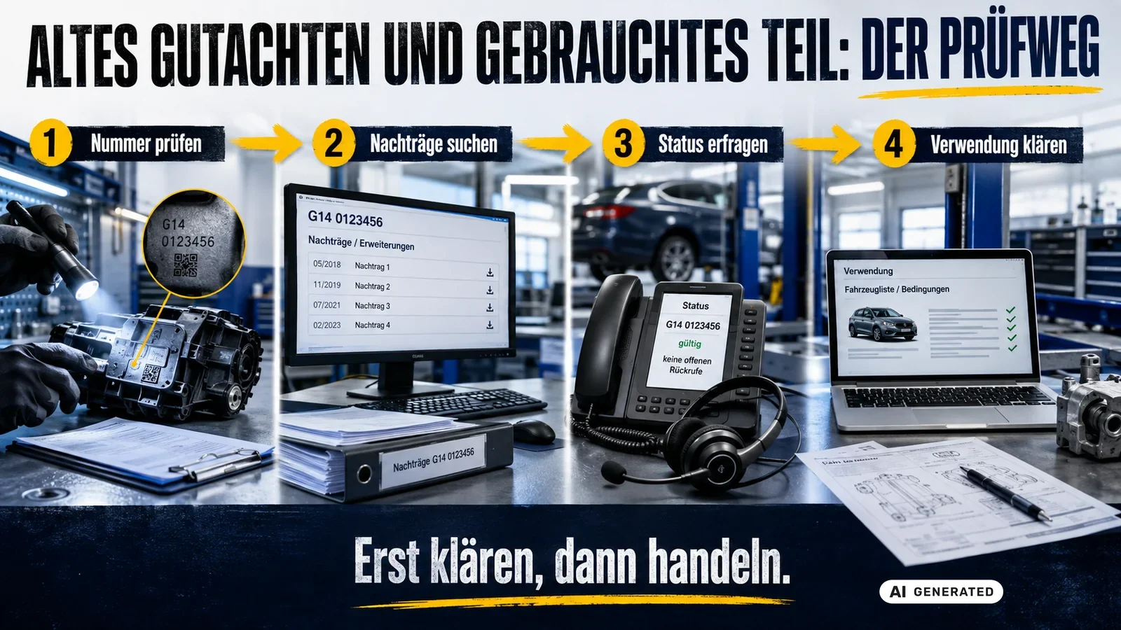 Vier Schritte beim alten Gutachten: Nummer prüfen, Nachträge suchen, Status erfragen und Verwendung klären. — KI-generierte Szene, redaktionell geprüft