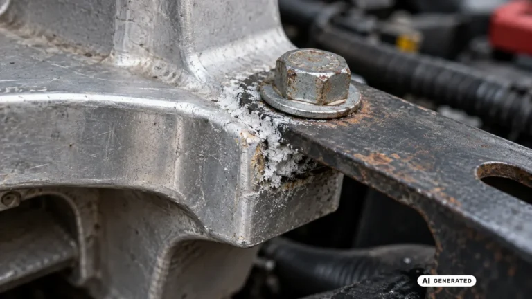 Kontaktkorrosion zwischen Aluminium- und Stahlbauteil an einer Schraubverbindung. KI-generiertes Symbolbild · redaktionell geprüft.