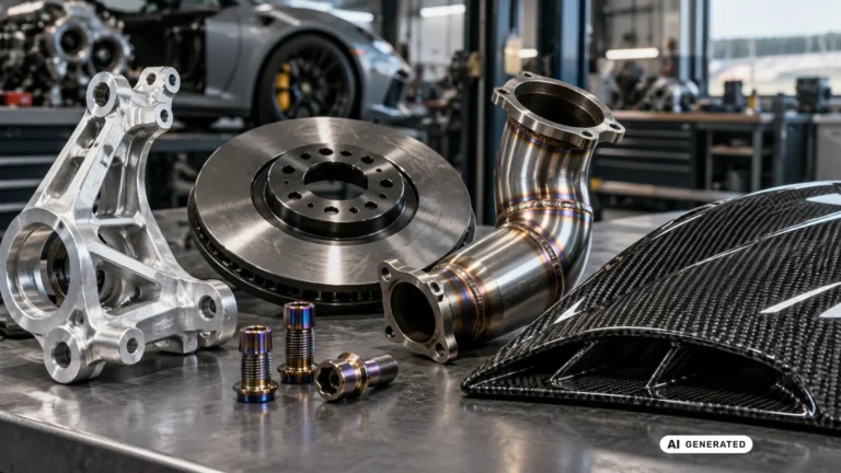 Bauteile aus Aluminium, Stahl, Titan und Carbon im Gewichtsvergleich. KI-generiertes Symbolbild · redaktionell geprüft.