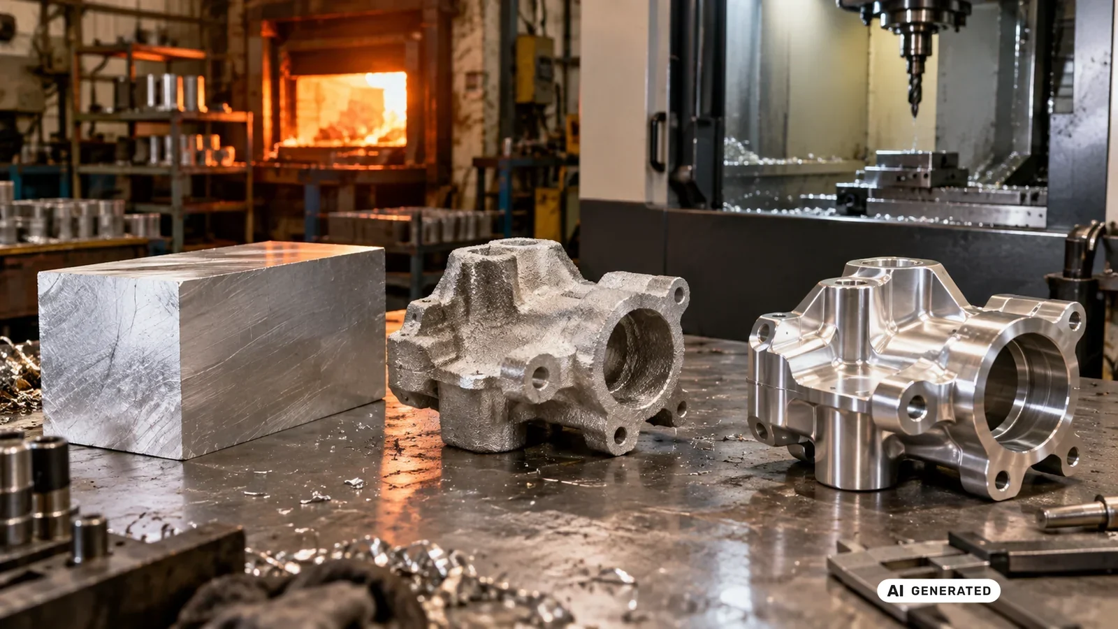 Aluminium-Billet und daraus gefertigtes Bauteil vor und nach der Bearbeitung. KI-generiertes Symbolbild · redaktionell geprüft.