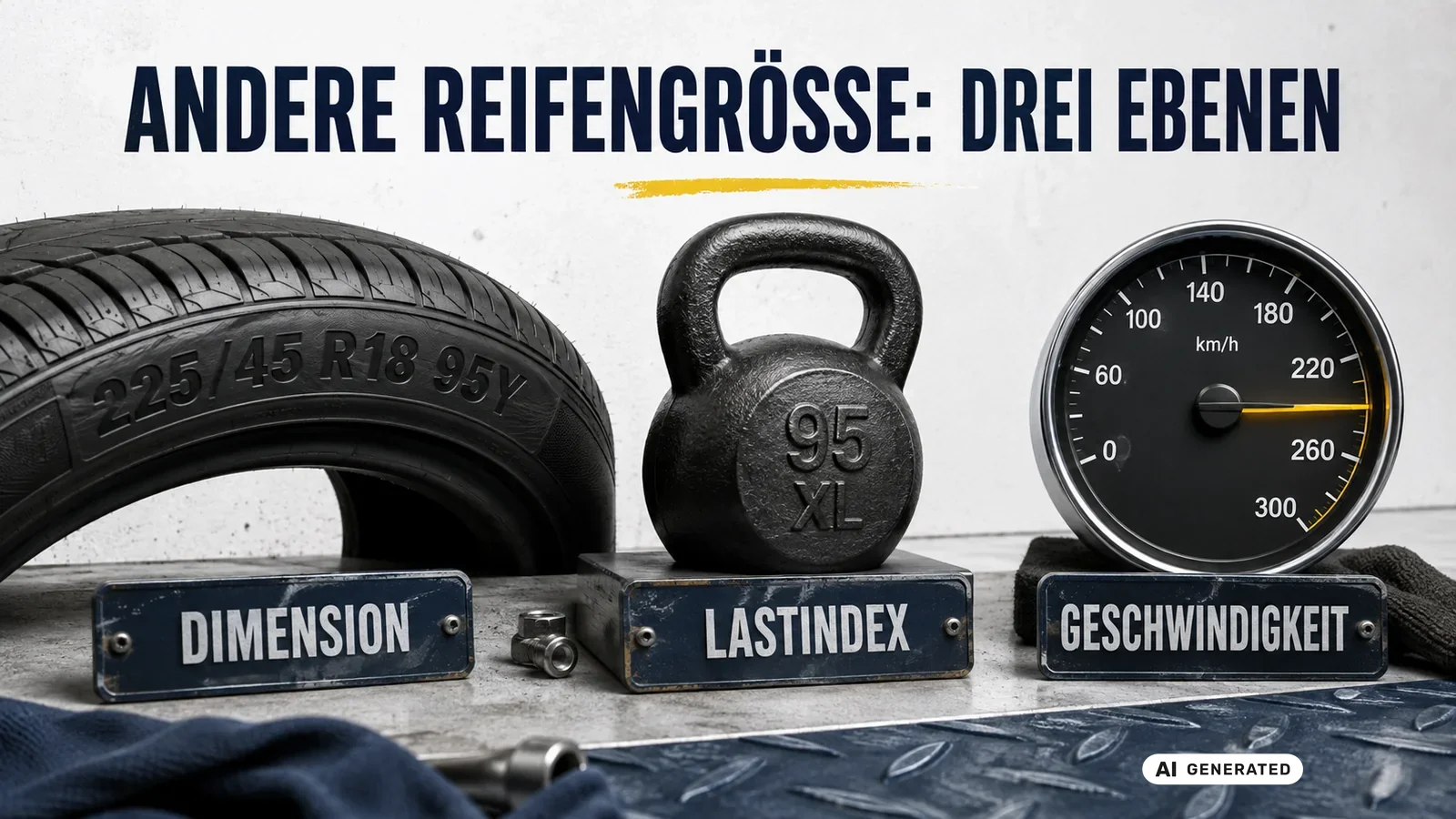 Drei Prüfebenen bei anderer Reifengröße: Dimension, Lastindex und Geschwindigkeitsindex nebeneinander. — KI-generierte Szene, redaktionell geprüft