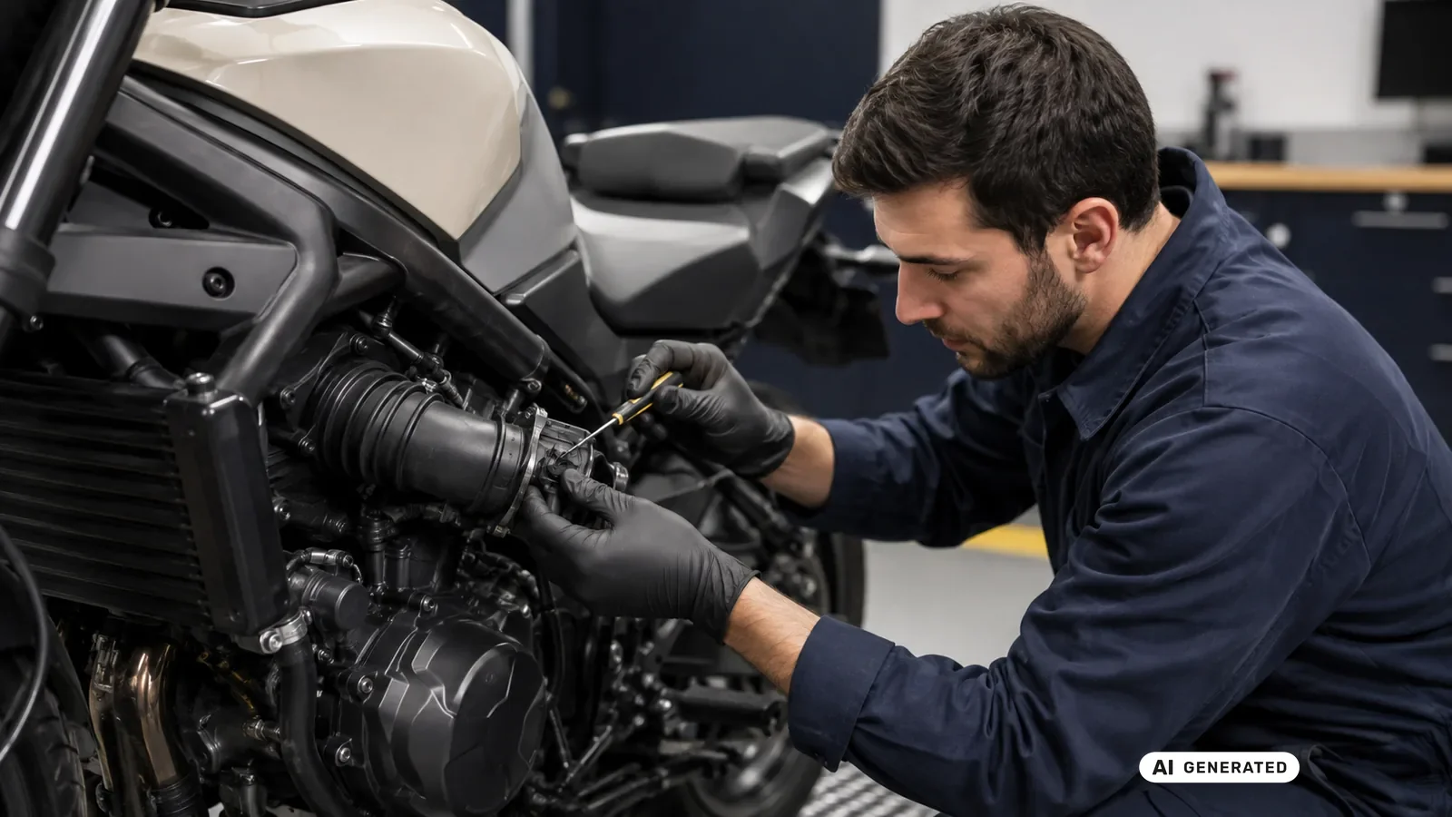 Techniker kontrolliert Ansaugtrakt und Sensoranschluss an einem Motorrad — KI-generierte Szene, redaktionell geprüft