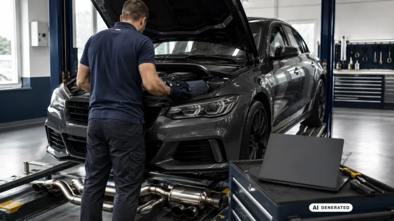 Techniker prüft Ansaugung und Abgasanlage eines Fahrzeugs in der Werkstatt — KI-generiertes Symbolbild, redaktionell geprüft