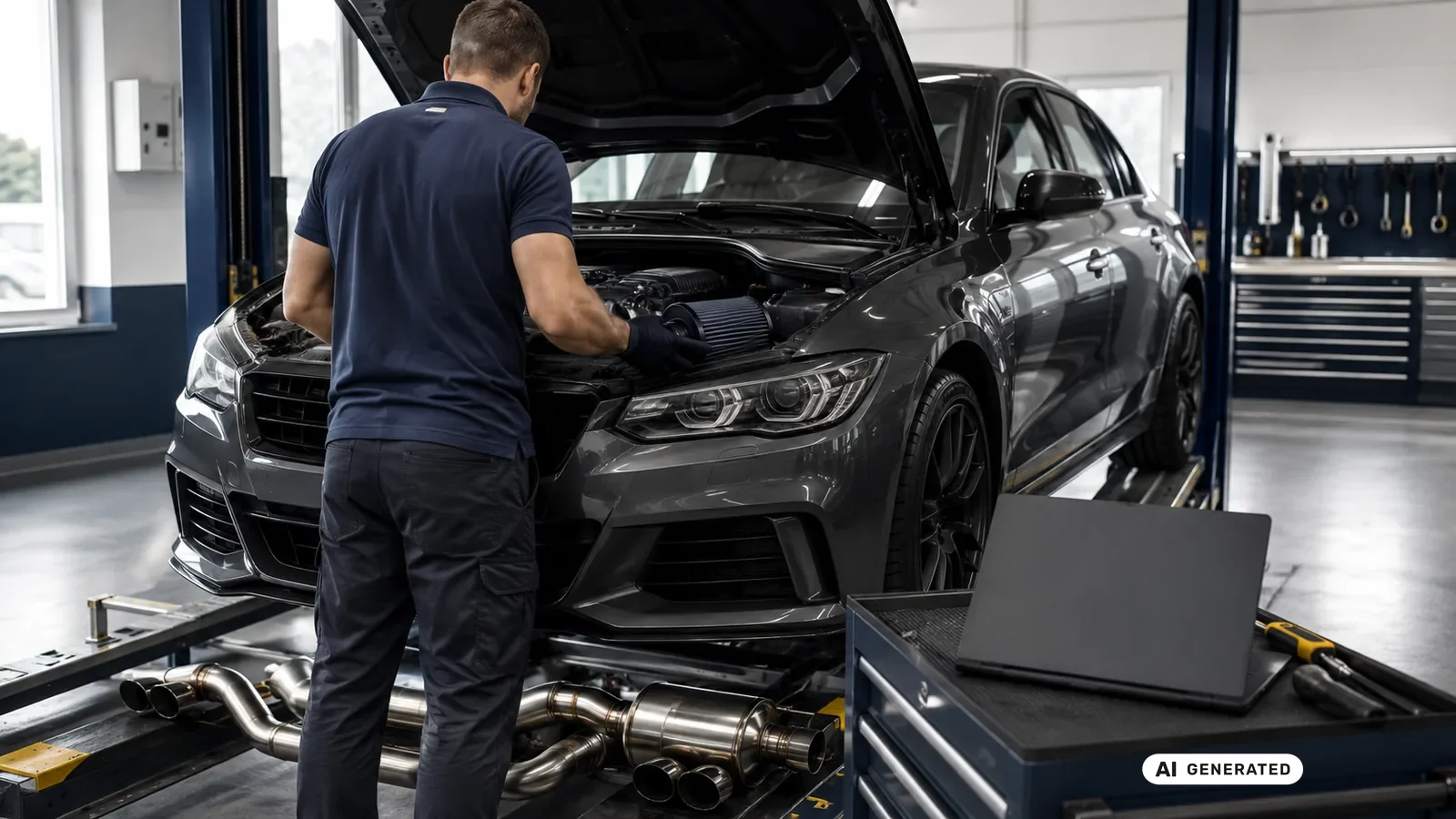 Techniker prüft Ansaugung und Abgasanlage eines Fahrzeugs in der Werkstatt — KI-generiertes Symbolbild, redaktionell geprüft