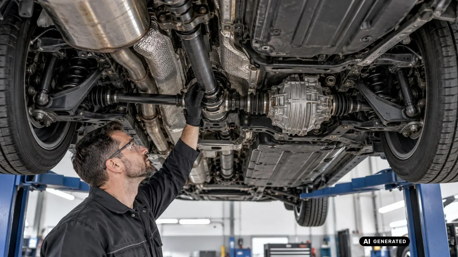 Mechaniker prüft das Hinterachsdifferential und die Antriebswellen am angehobenen Fahrzeug. KI-generiertes Symbolbild · redaktionell geprüft.