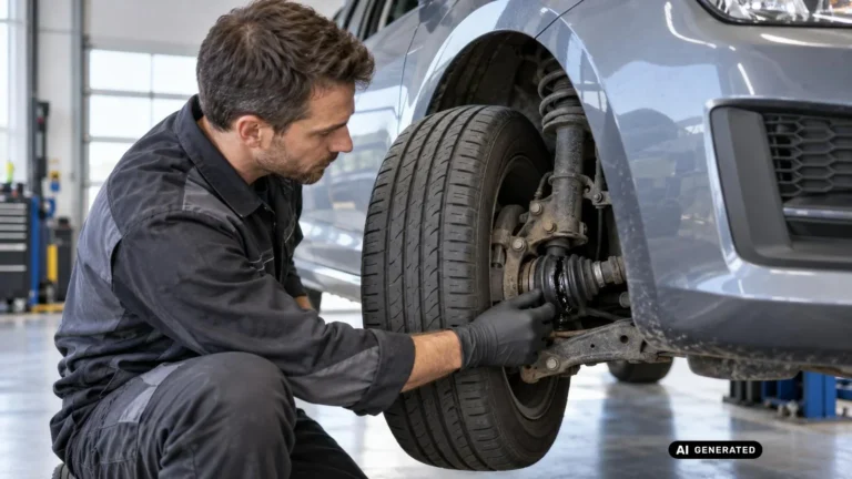 Mechaniker prüft das Gleichlaufgelenk einer Antriebswelle am angehobenen Fahrzeug. KI-generiertes Symbolbild · redaktionell geprüft.