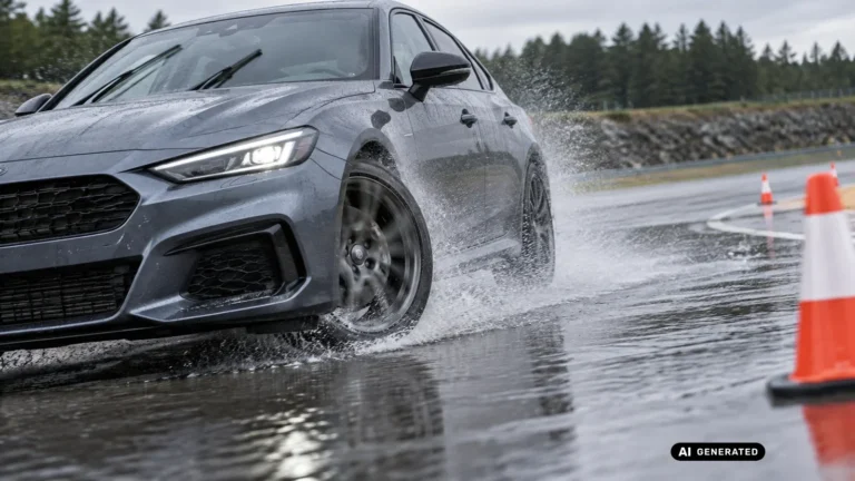 Fahrzeug durchfährt Wasserfilm auf der Fahrbahn, Aquaplaning-Testszenario. KI-generiertes Symbolbild · redaktionell geprüft.