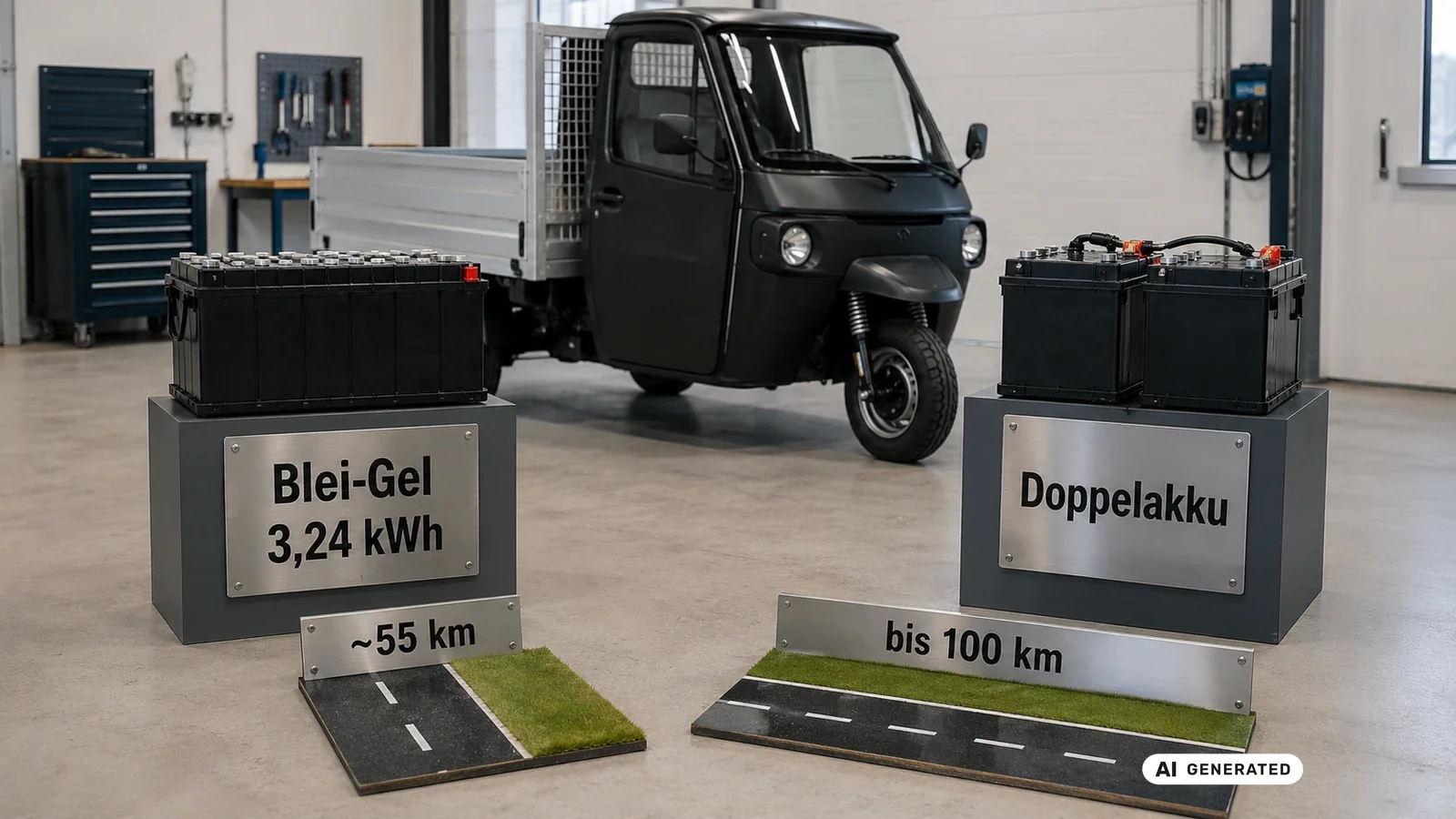 ARI 345 Blei-Gel-Akku 3,24 kWh mit rund 55 km Reichweite, Doppelakku bis 100 km. KI-generiertes Symbolbild · redaktionell geprüft.