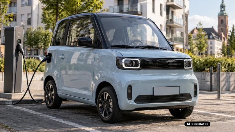 ARI Bruni L7e-Microcar lädt an einer Straßenladesäule in der Stadt. KI-generiertes Symbolbild · redaktionell geprüft.