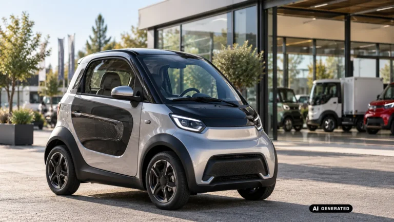 Verschiedene ARI-Motors-Microcar-Modelle nebeneinander vor einem Autohaus. KI-generiertes Symbolbild · redaktionell geprüft.