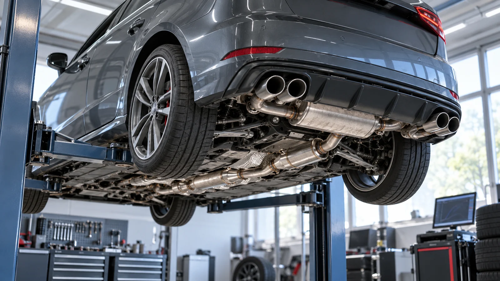 Audi Sportback von unten auf der Hebebühne, Abgasanlage mit vier runden Endrohren. KI-generierte Szene · redaktionell geprüft.