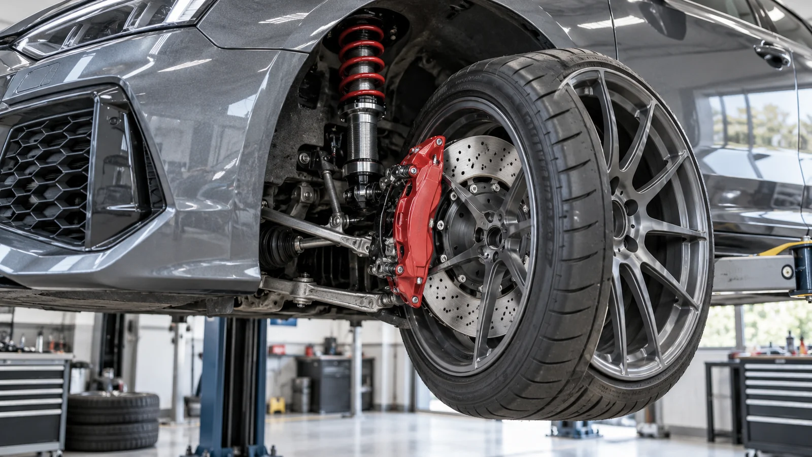 Vorderrad eines angehobenen Audi Sportback mit rotem Bremssattel, gelochter Bremsscheibe und Gewindefahrwerk. KI-generierte Szene · redaktionell geprüft.