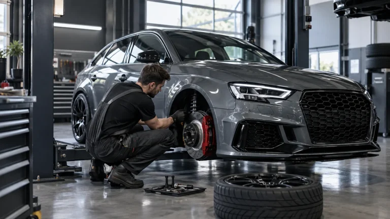 Audi S3 8V legal tunen: Servicetechniker prüft das Fahrzeug in der Kfz-Werkstatt. KI-generiertes Symbolbild · redaktionell geprüft.