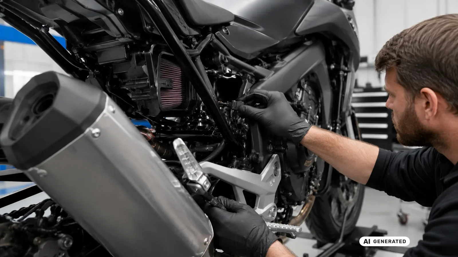 Techniker kontrolliert Ansaugfilter, Abgasanlage und eine Steckverbindung am Motorrad — KI-generierte Szene, redaktionell geprüft