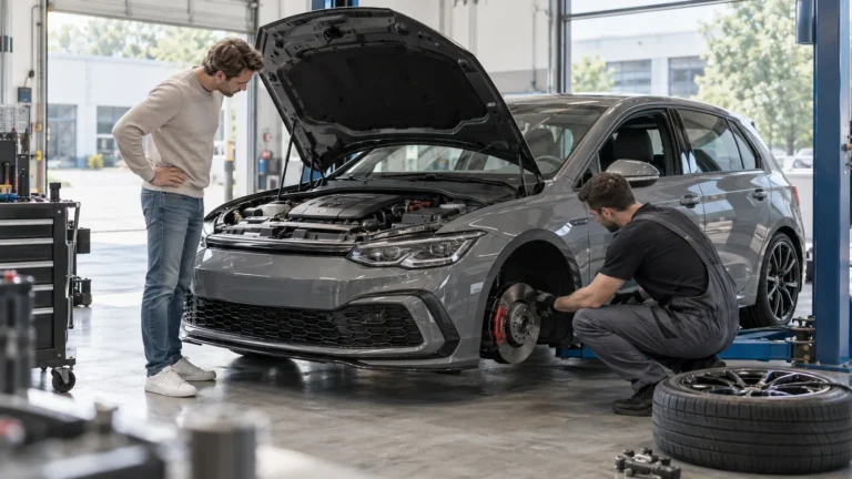 Mechaniker demontiert ein Rad, der Kunde schaut in den offenen Motorraum. KI-generiertes Symbolbild · redaktionell geprüft.