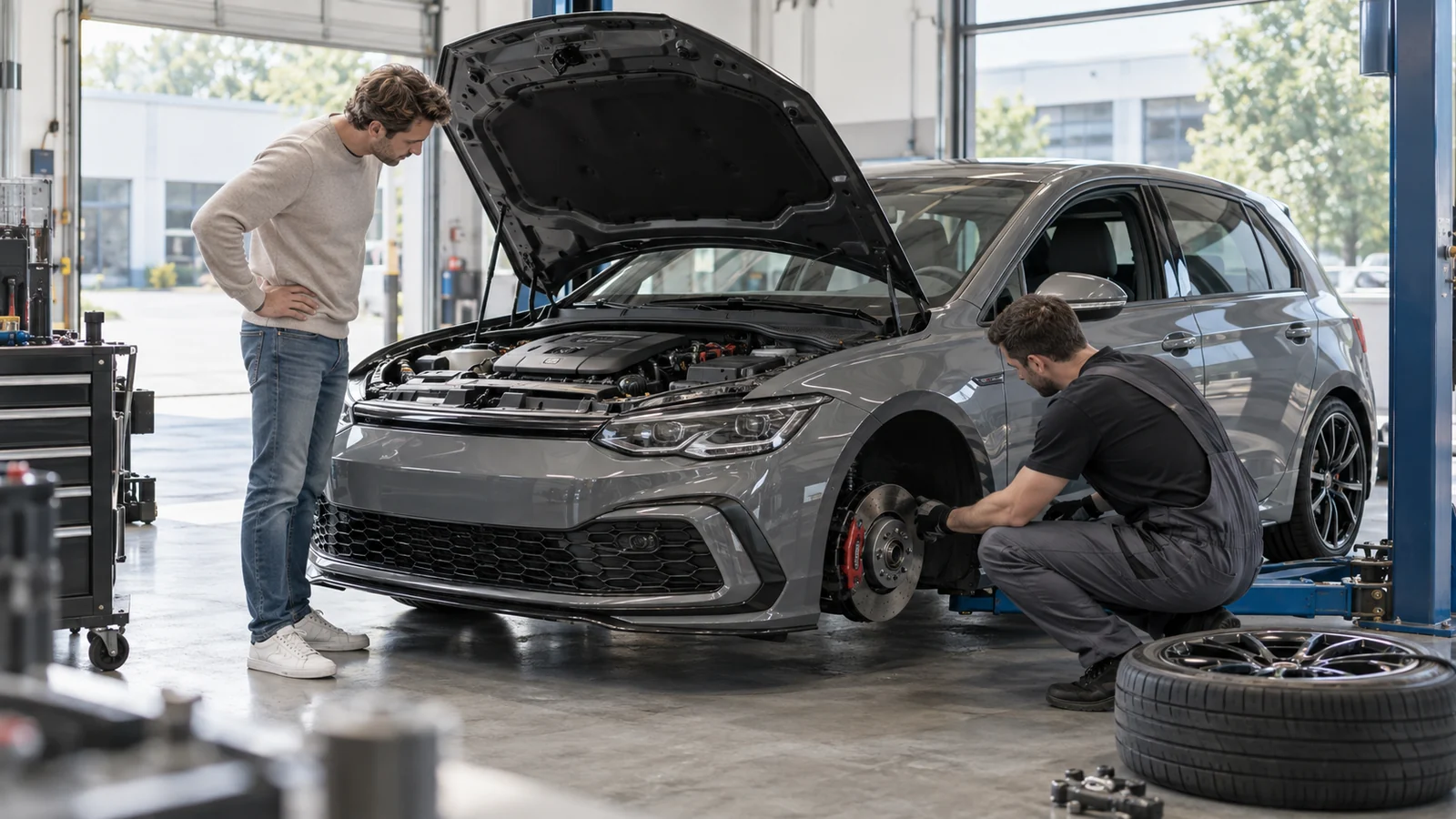 Mechaniker demontiert ein Rad, der Kunde schaut in den offenen Motorraum. KI-generiertes Symbolbild · redaktionell geprüft.
