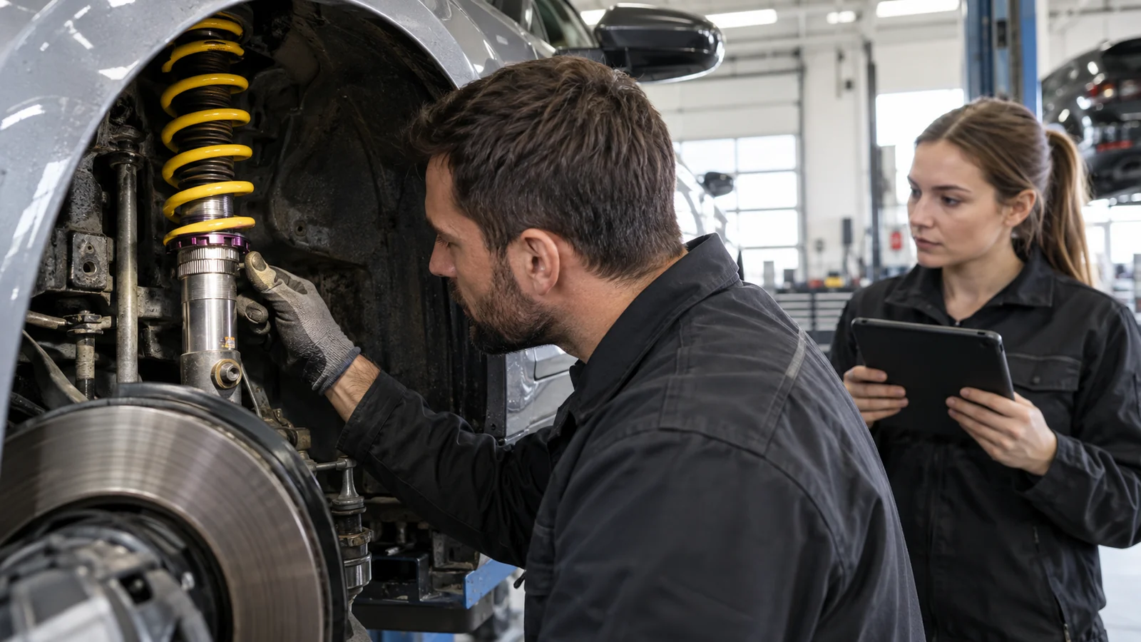 Mechaniker stellt ein gelbes Gewindefahrwerk im Radhaus ein, eine Kollegin notiert am Tablet. KI-generierte Szene · redaktionell geprüft.