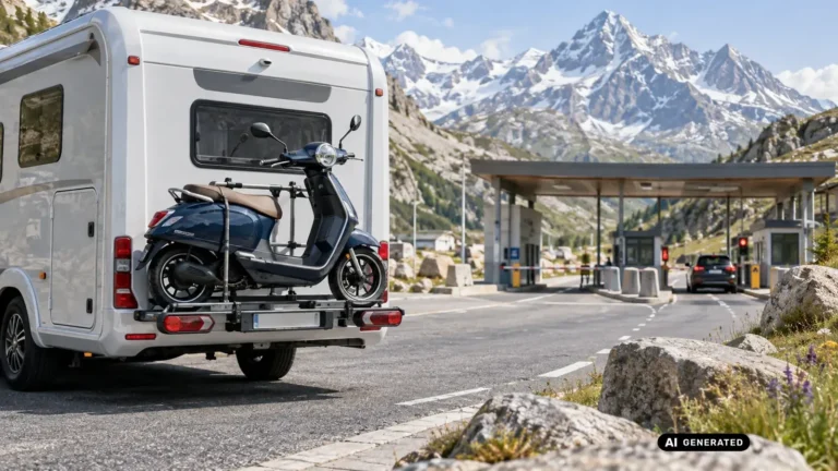 KI-generiertes Symbolbild: ein sitzender E-Roller auf dem Heckträger eines Wohnmobils an einer Grenzkontrollstelle in den Alpen.