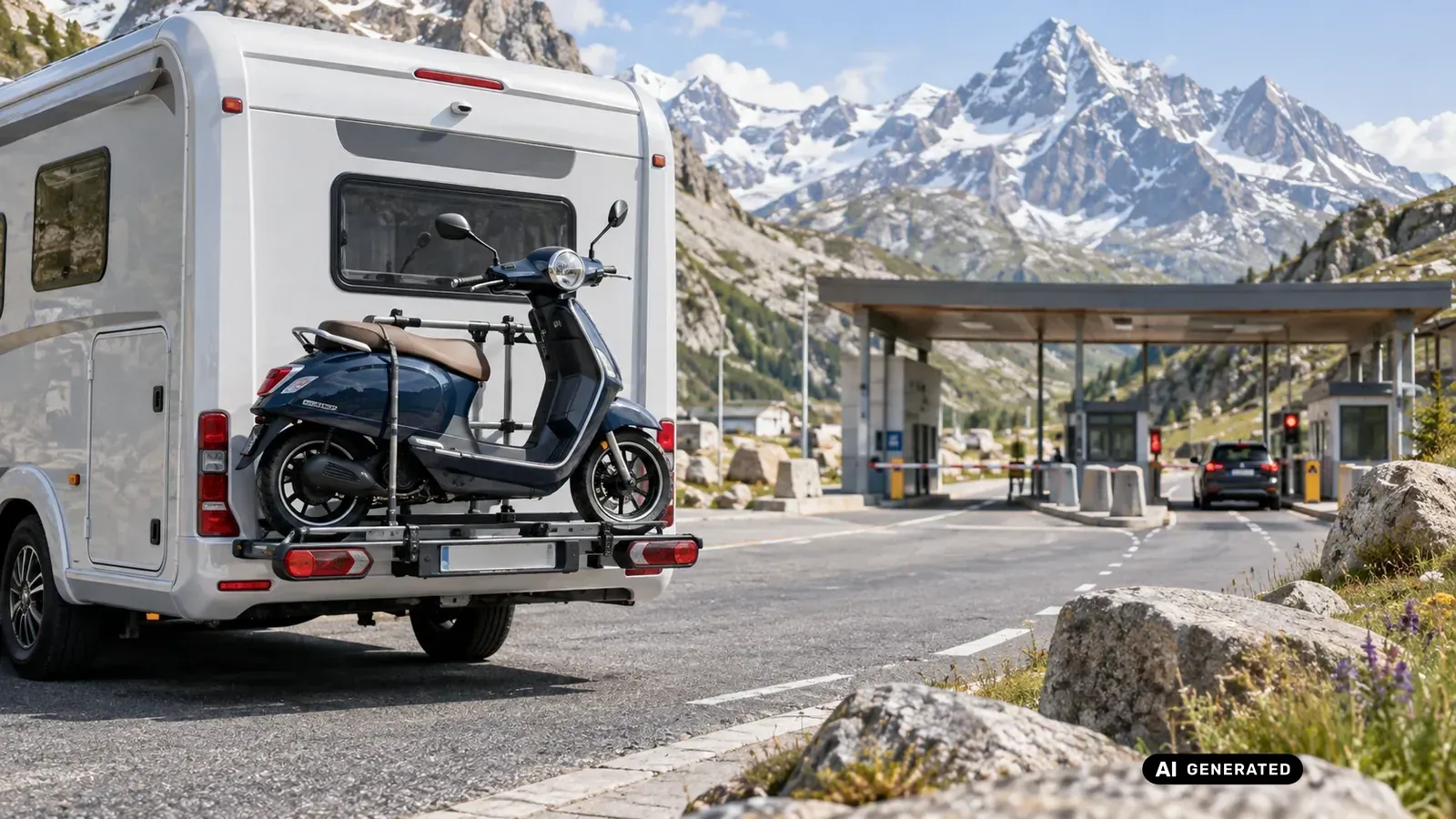 KI-generiertes Symbolbild: ein sitzender E-Roller auf dem Heckträger eines Wohnmobils an einer Grenzkontrollstelle in den Alpen.