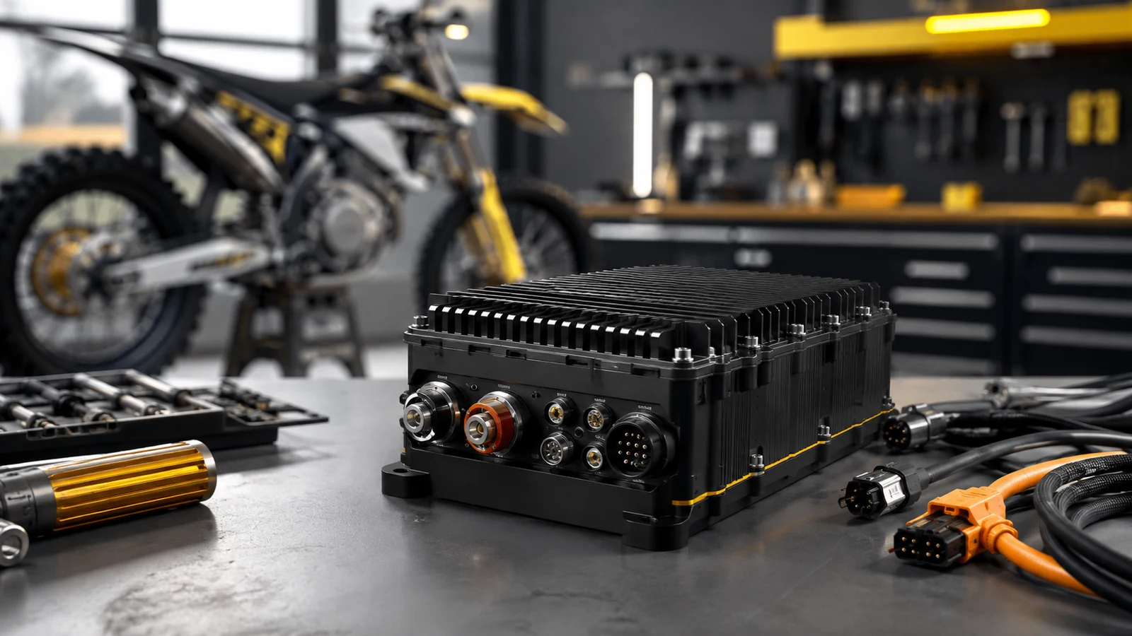 Symbolbild: Motorcontroller auf einer Werkbank vor einer Elektro-Enduro