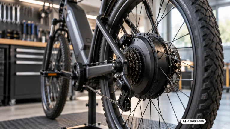 Nahaufnahme eines Nabenmotors am Hinterrad eines E-Bikes in der Werkstatt. KI-generiertes Symbolbild · redaktionell geprüft.