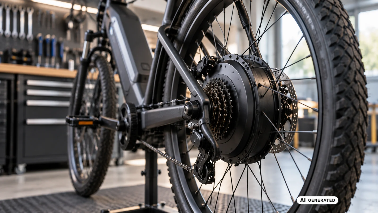 Nahaufnahme eines Nabenmotors am Hinterrad eines E-Bikes in der Werkstatt. KI-generiertes Symbolbild · redaktionell geprüft.