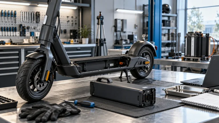 E-Scooter Batteriepass 2027: Servicetechniker prüft das Fahrzeug auf einer Werkbank in der Werkstatt. KI-generiertes Symbolbild · redaktionell geprüft.