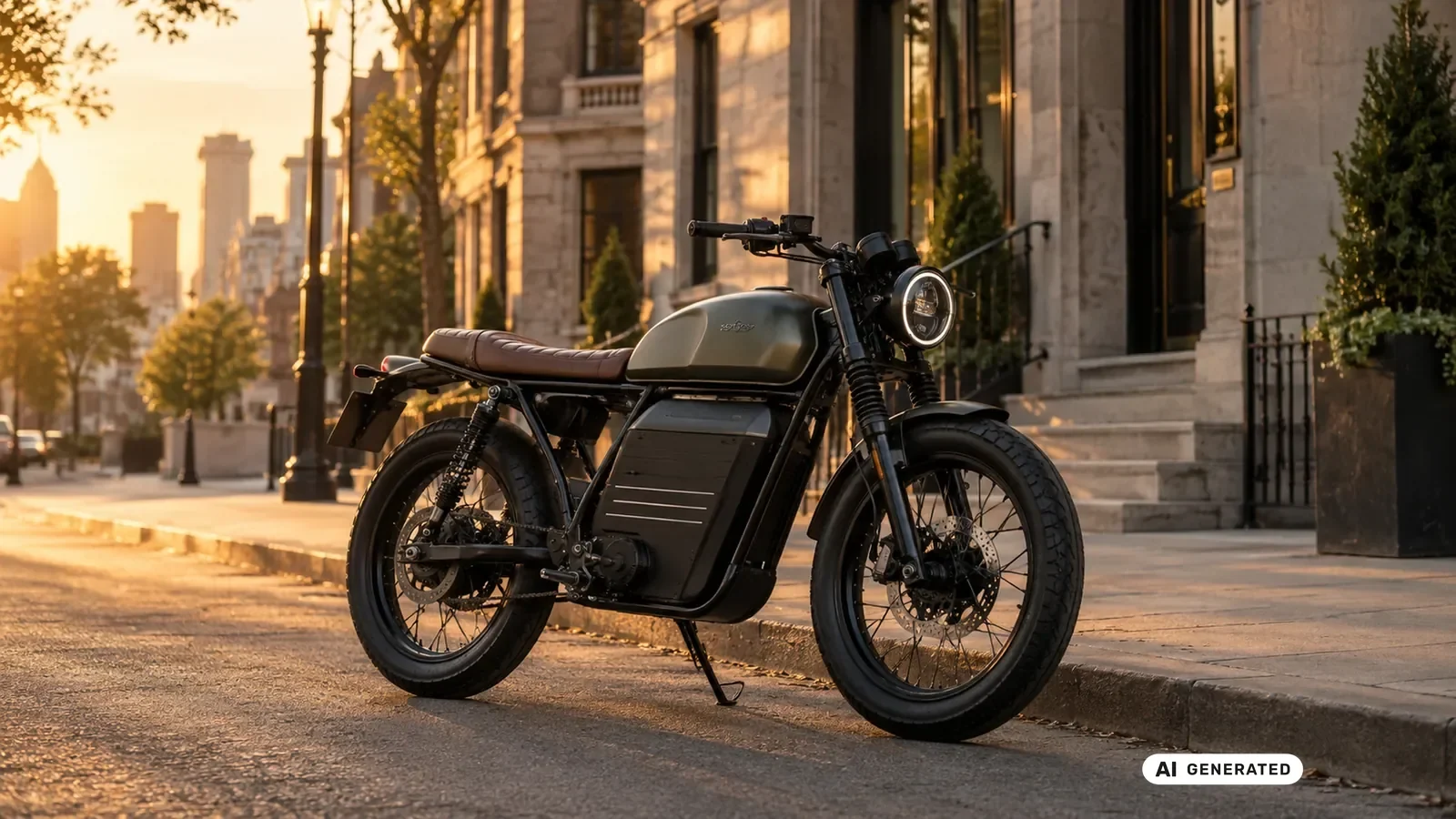 Symbolbild eines elektrischen Retro-Leichtmotorrads auf einer Stadtstraße. KI-generiertes Symbolbild · redaktionell geprüft.