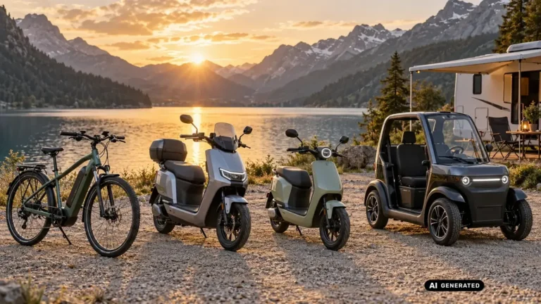 KI-generiertes Symbolbild: E-Bike, sitzender E-Roller, Kleinstwagen und E-Roller-Anhänger nebeneinander vor einem Wohnmobil als Beiboot-Vergleich.