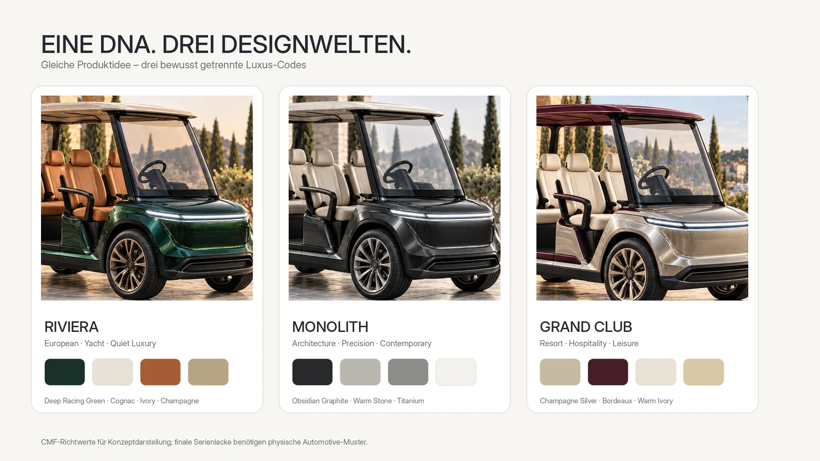 Grafik: Donald Deluxe DD4 – eine Design-DNA in drei Farbwelten Riviera, Monolith und Grand Club