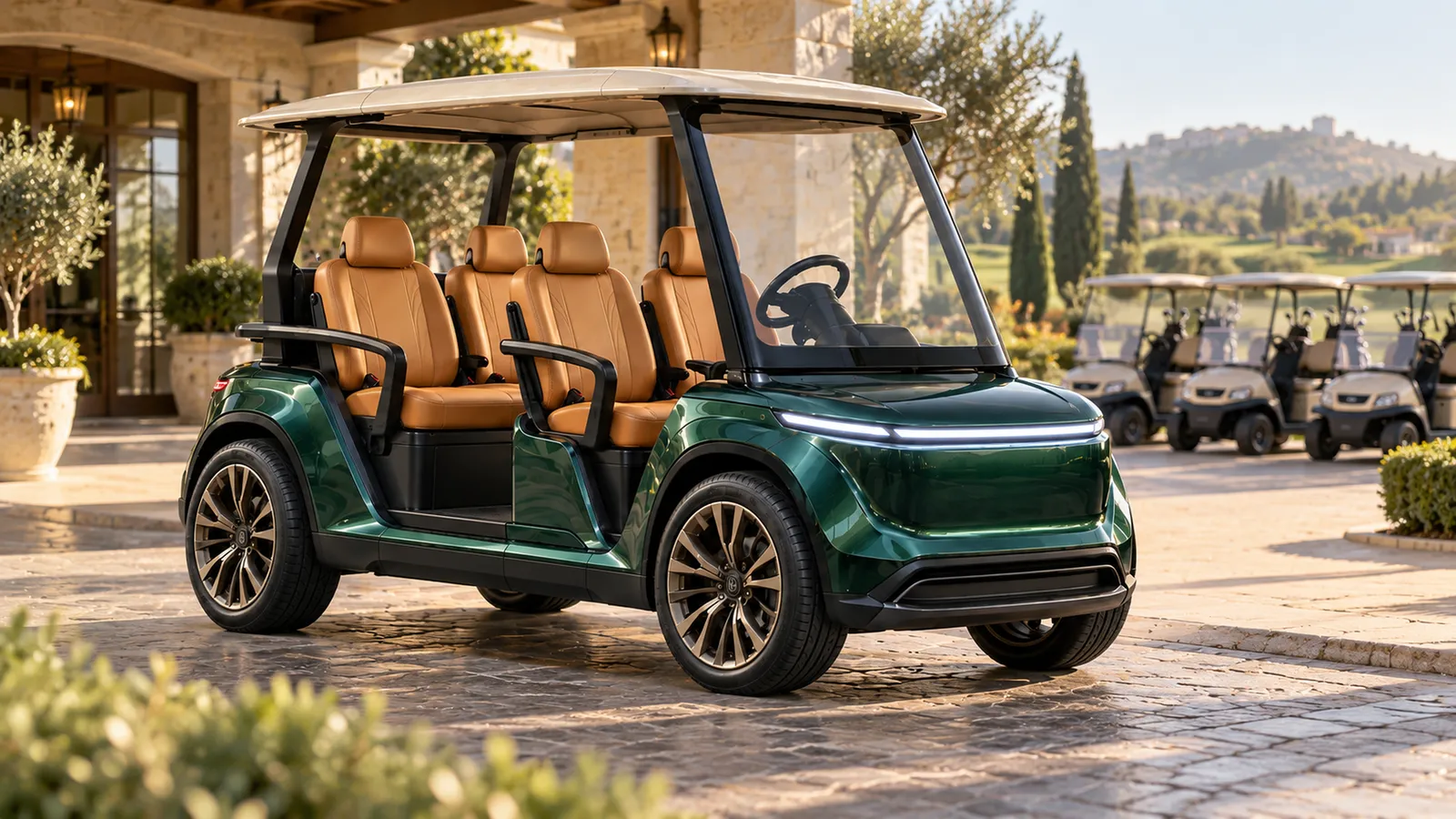 KI-generierte Konzeptvisualisierung: Donald Deluxe DD4 als Halo-Fleet-Fahrzeug neben Standard-Golfcarts vor einem Clubhaus