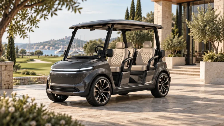 KI-generierte Konzeptvisualisierung: Donald Deluxe zwischen Golfcart und Microcar positioniert