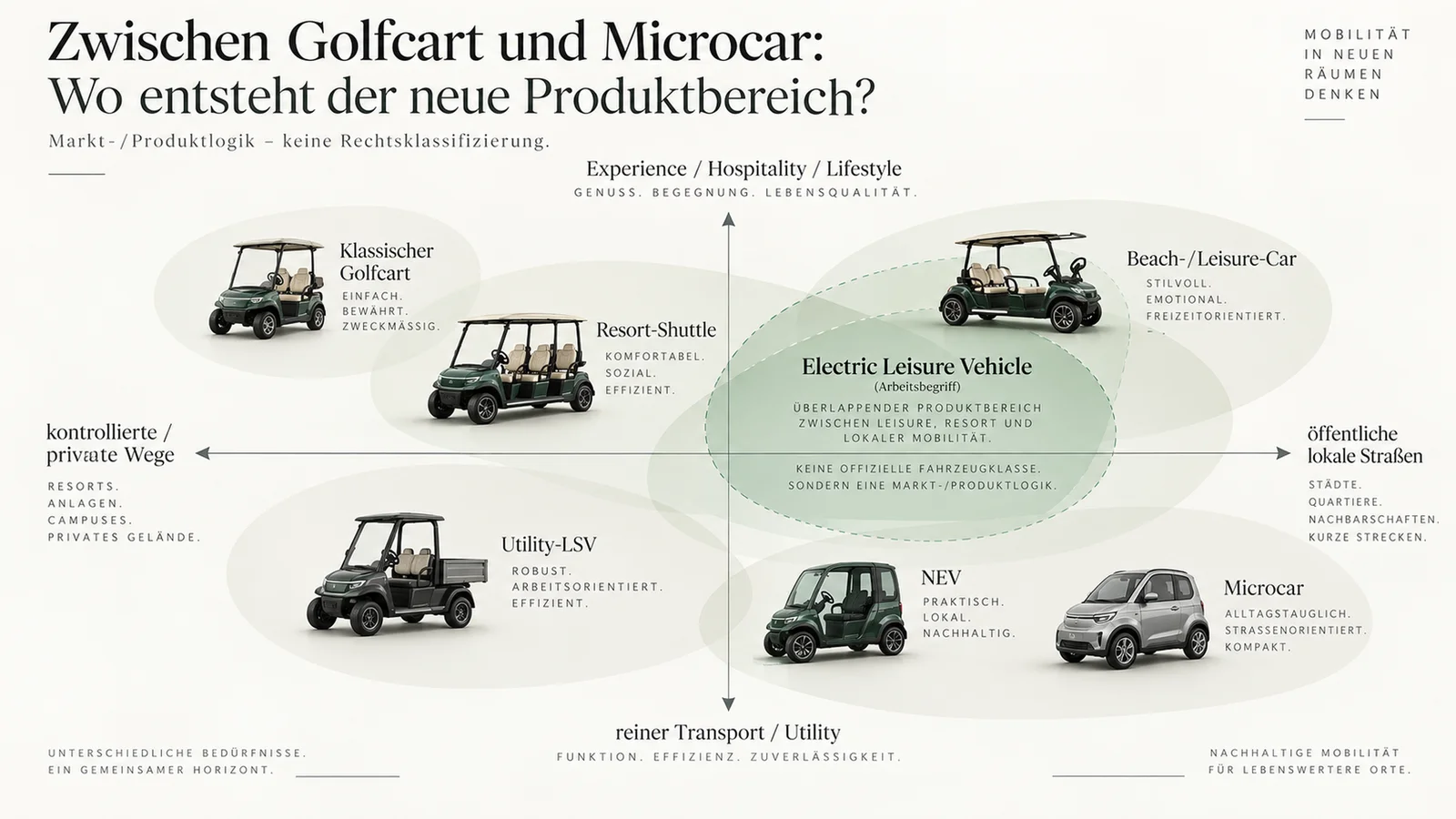 Grafik: Category Map zwischen Golfcart und Microcar – Markt-/Produktlogik, keine Rechtsklassifizierung
