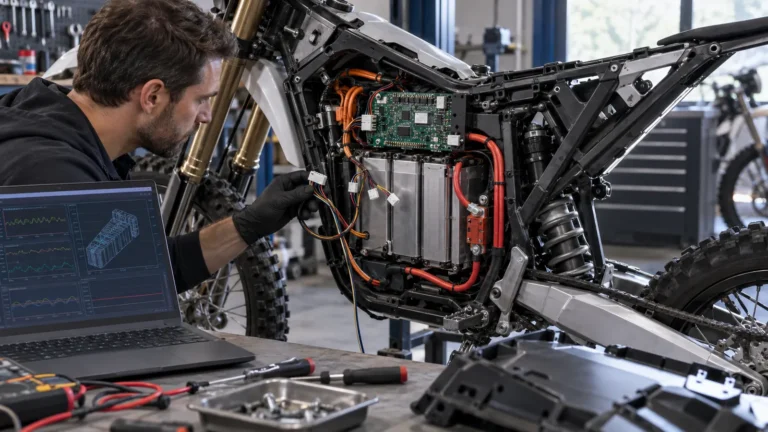 Mechaniker prüft am E-Enduro-Akku die offene BMS-Platine und ihre Steckverbinder, daneben ein Laptop mit Zelldaten. KI-generiertes Symbolbild · redaktionell geprüft.