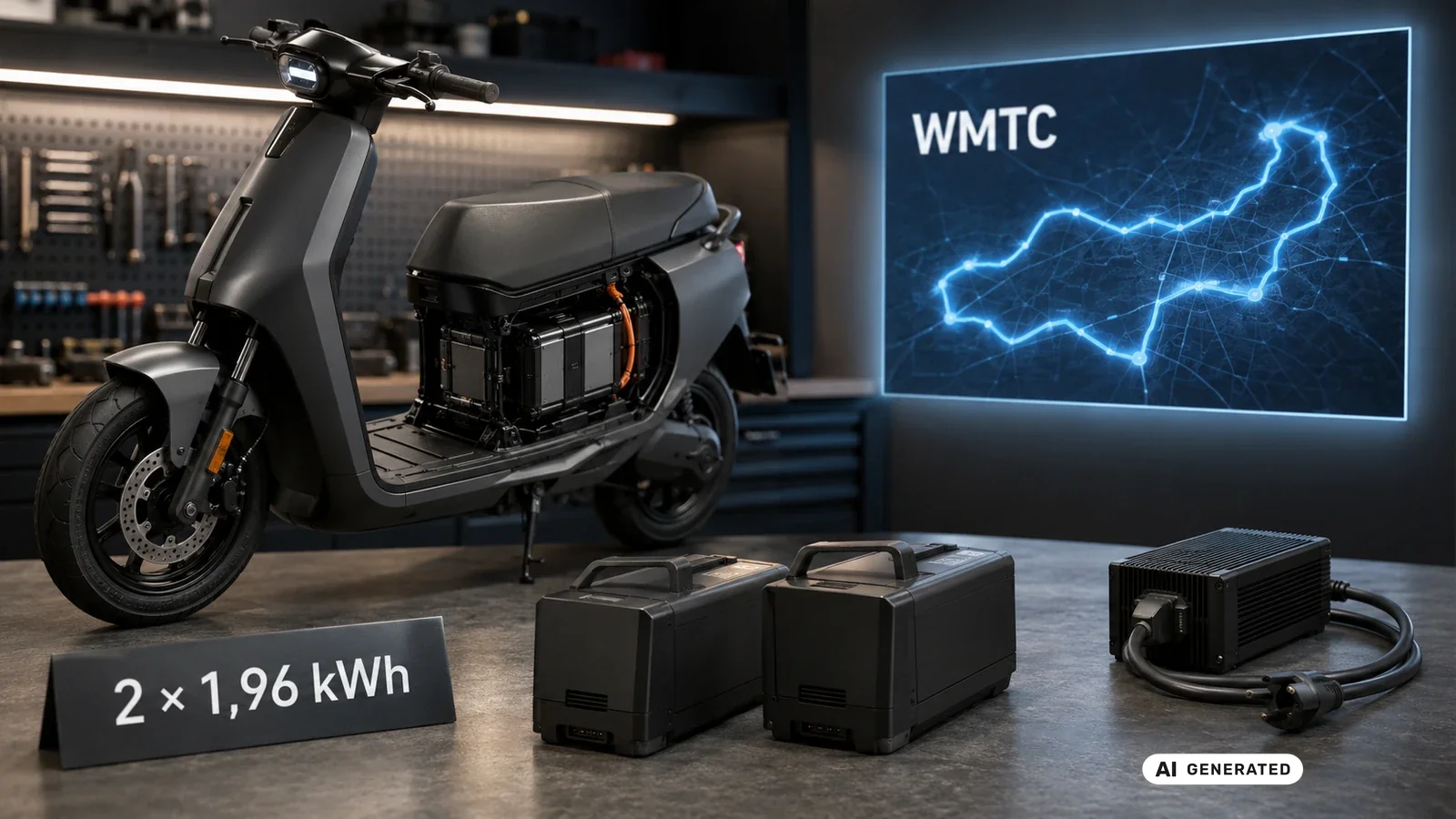 BMW CE 02 Akkuaufbau mit zwei 1,96-kWh-Packs und Reichweite nach WMTC. KI-generiertes Symbolbild · redaktionell geprüft.