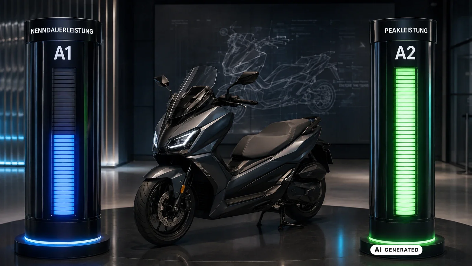 BMW CE 04: Nenndauerleistung gegenüber Peakleistung für A1- und A2-Variante. KI-generiertes Symbolbild · redaktionell geprüft.