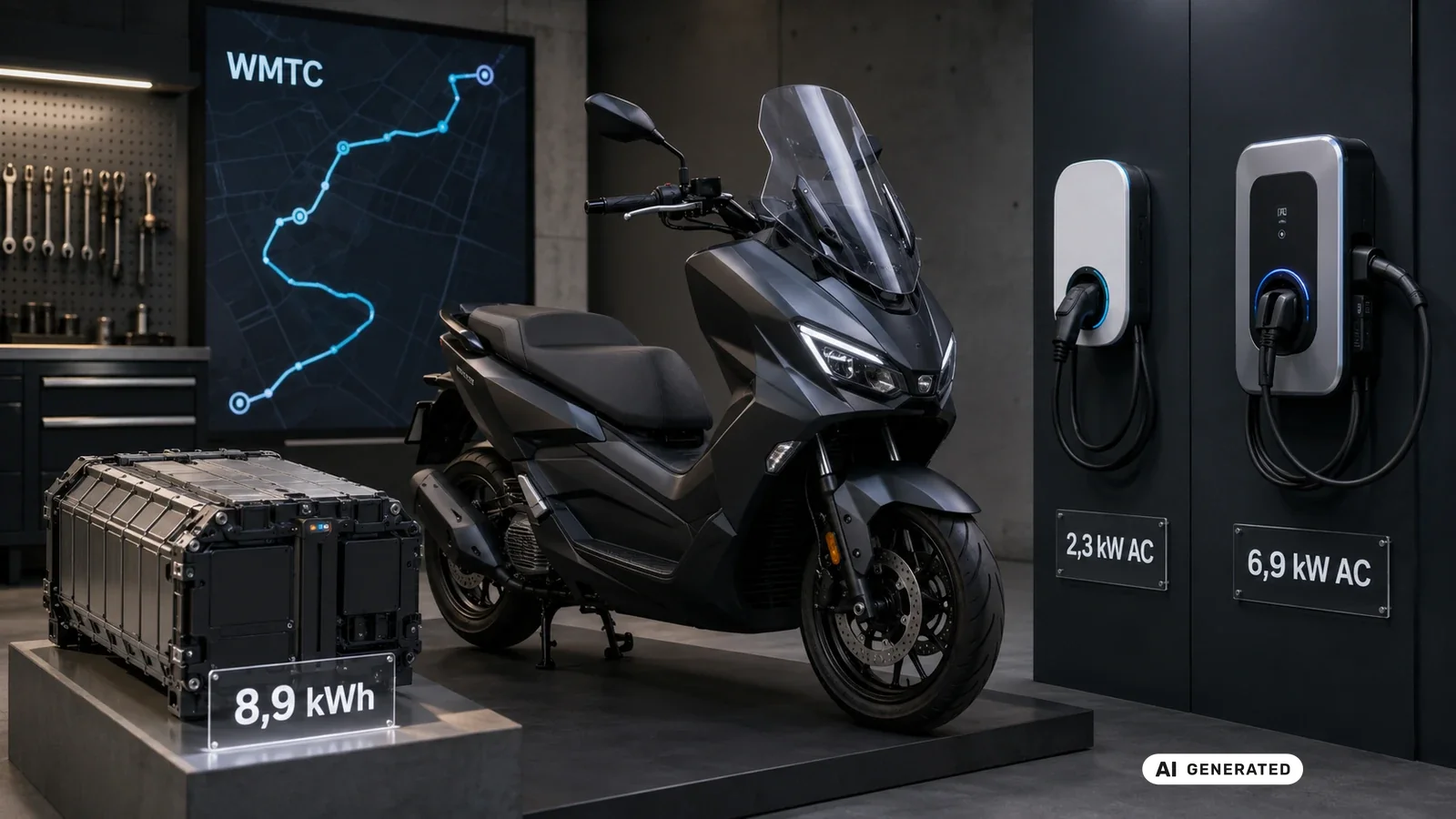 BMW CE 04: 8,9-kWh-Akku, WMTC-Reichweite und AC-Laden mit 2,3 und 6,9 kW. KI-generiertes Symbolbild · redaktionell geprüft.