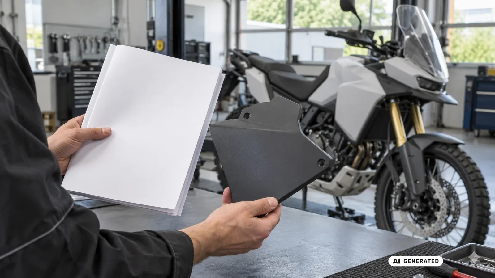 Dokumenten- und Bauteilabgleich für den Beitrag BMW F 900 GS ab 2024; Schrift und persönliche Daten sind nicht lesbar. — KI-generierte Szene, redaktionell geprüft