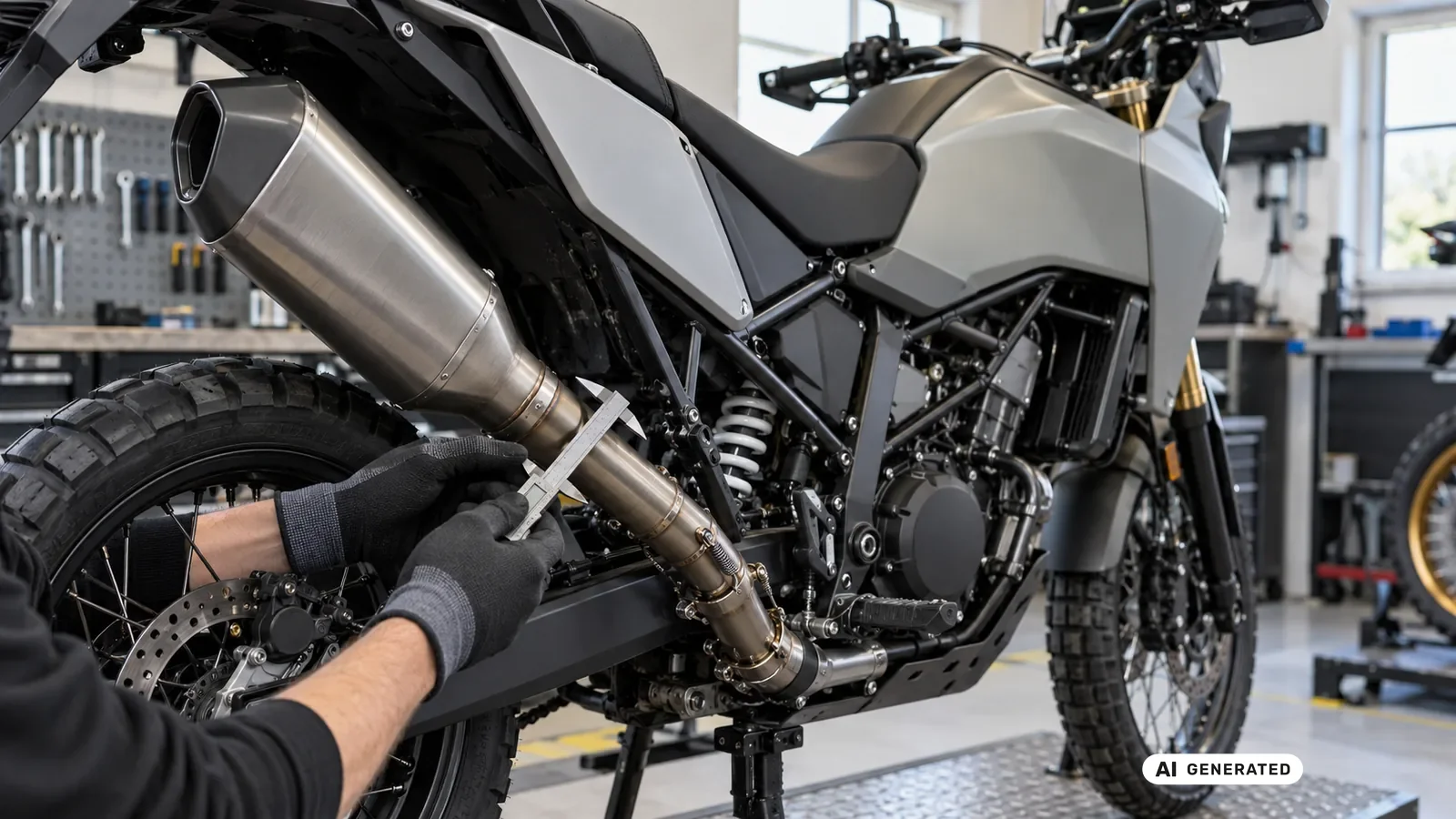 Technische Detailprüfung zum Thema Slip-on, Link Pipe und Race-only-Grenze an einer neutralen Fahrzeugdarstellung für BMW F 900 GS ab 2024. — KI-generierte Szene, redaktionell geprüft