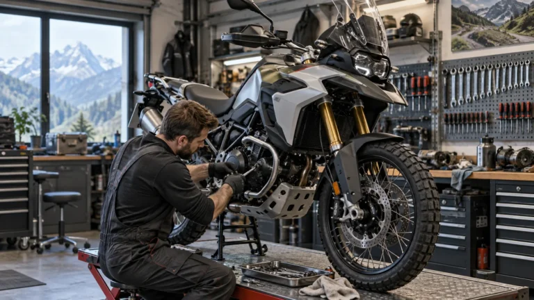 BMW F 900 GS ab 2024 legal umbauen: Mechaniker begutachtet Anbauteile an dem Motorrad in der Werkstatt. KI-generiertes Symbolbild · redaktionell geprüft.
