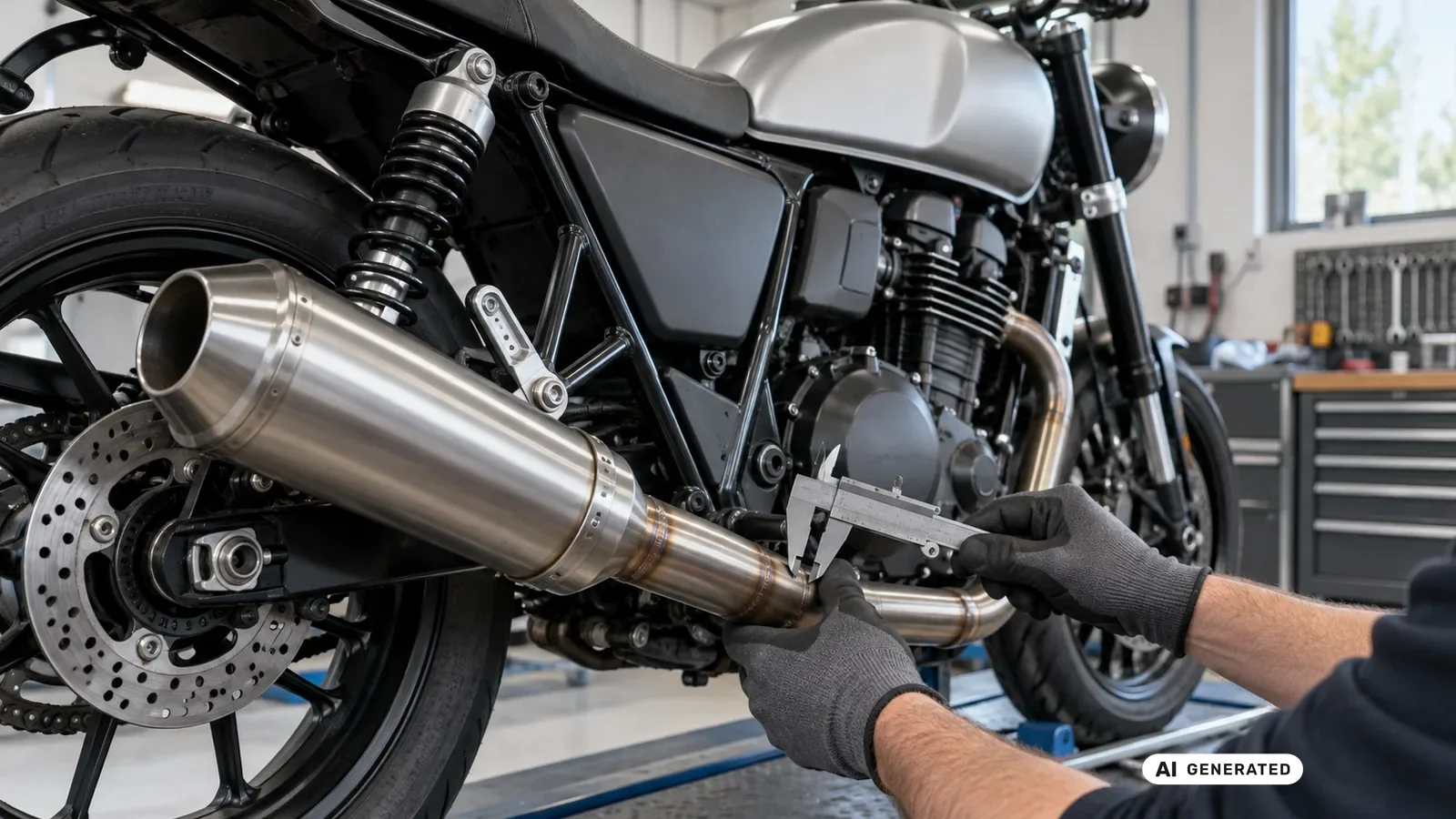Technische Detailprüfung zum Thema Auspuff und genehmigte Restanlage an einer neutralen Fahrzeugdarstellung für BMW F 900 R 2020–2024. — KI-generierte Szene, redaktionell geprüft