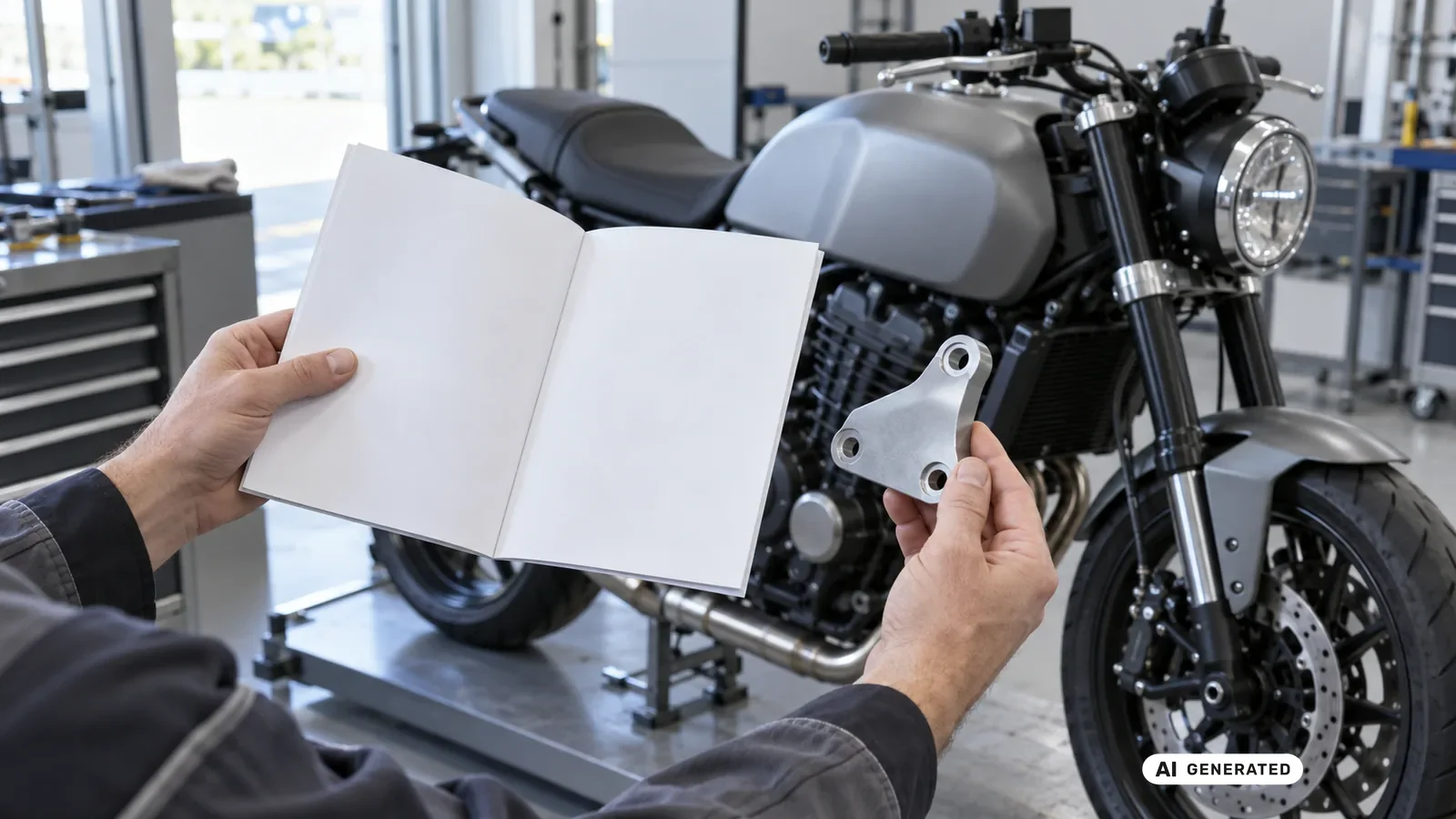 Dokumenten- und Bauteilabgleich für den Beitrag BMW F 900 R 2020–2024; Schrift und persönliche Daten sind nicht lesbar. — KI-generierte Szene, redaktionell geprüft