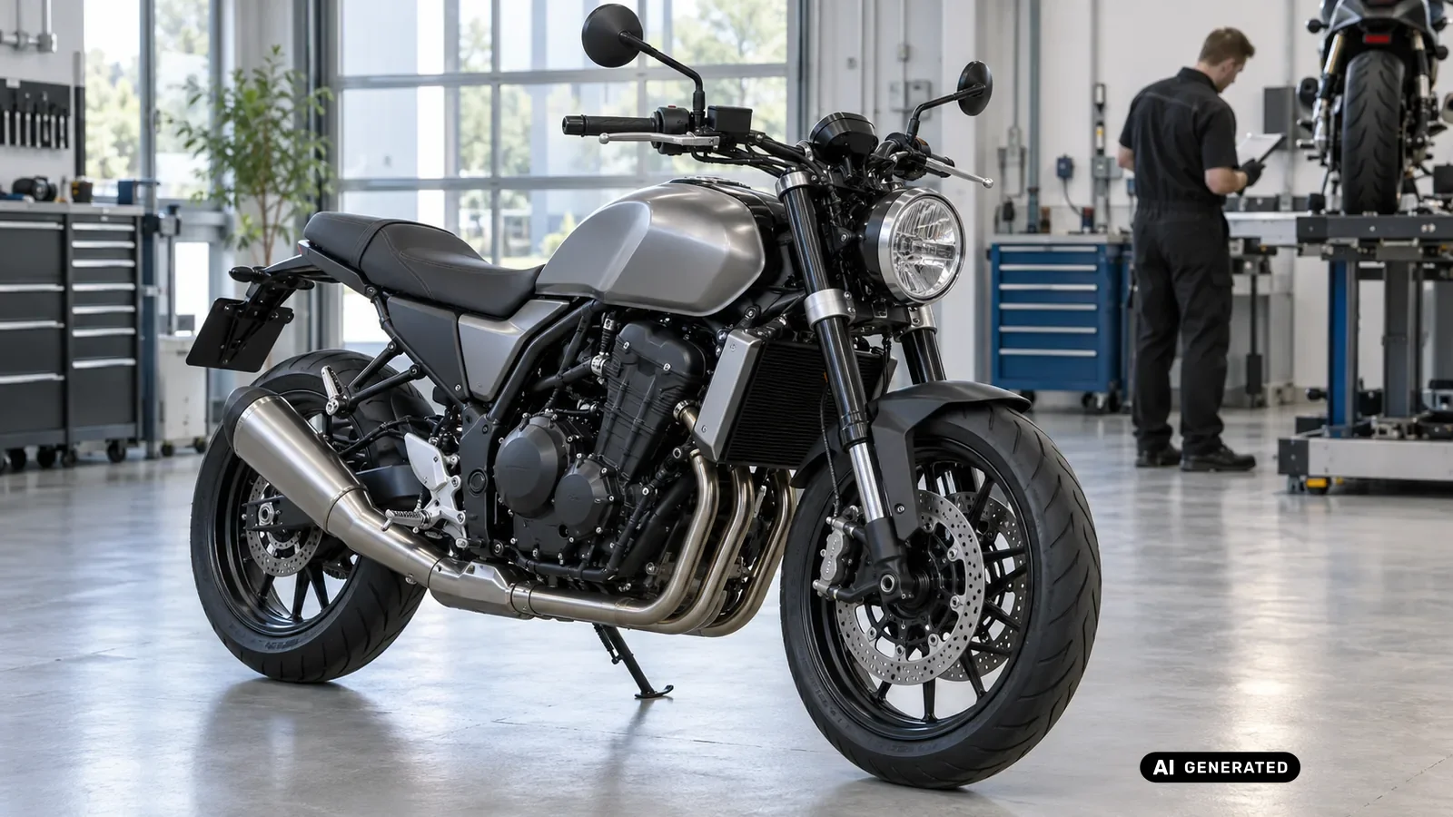 Neutral dargestellte Fahrzeugklasse zum Beitrag BMW F 900 R 2020–2024 bei einer technischen Prüfung in einer hellen Werkstatt. — KI-generiertes Symbolbild, redaktionell geprüft