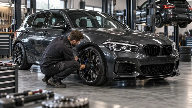 BMW M135i und M140i F20/F21 legal tunen: Servicetechniker prüft das Fahrzeug in der Kfz-Werkstatt. KI-generiertes Symbolbild · redaktionell geprüft.