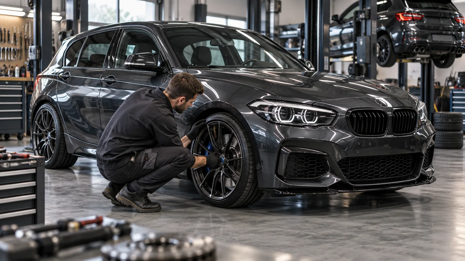 BMW M135i und M140i F20/F21 legal tunen: Servicetechniker prüft das Fahrzeug in der Kfz-Werkstatt. KI-generiertes Symbolbild · redaktionell geprüft.