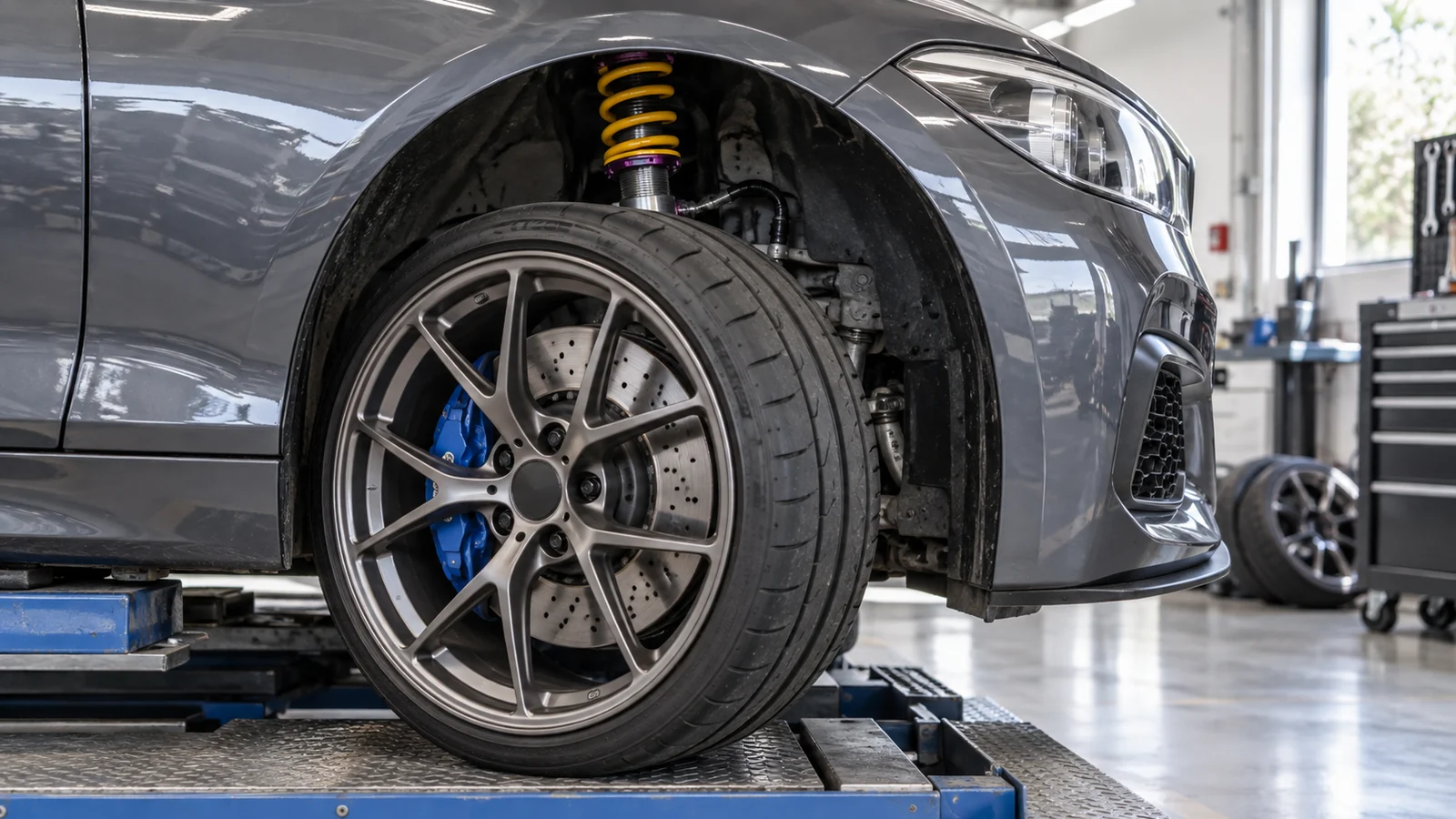 Vorderrad eines grauen BMW 1er auf der Prüfspur mit blauem Bremssattel und Gewindefahrwerk mit gelber Feder. KI-generierte Szene · redaktionell geprüft.